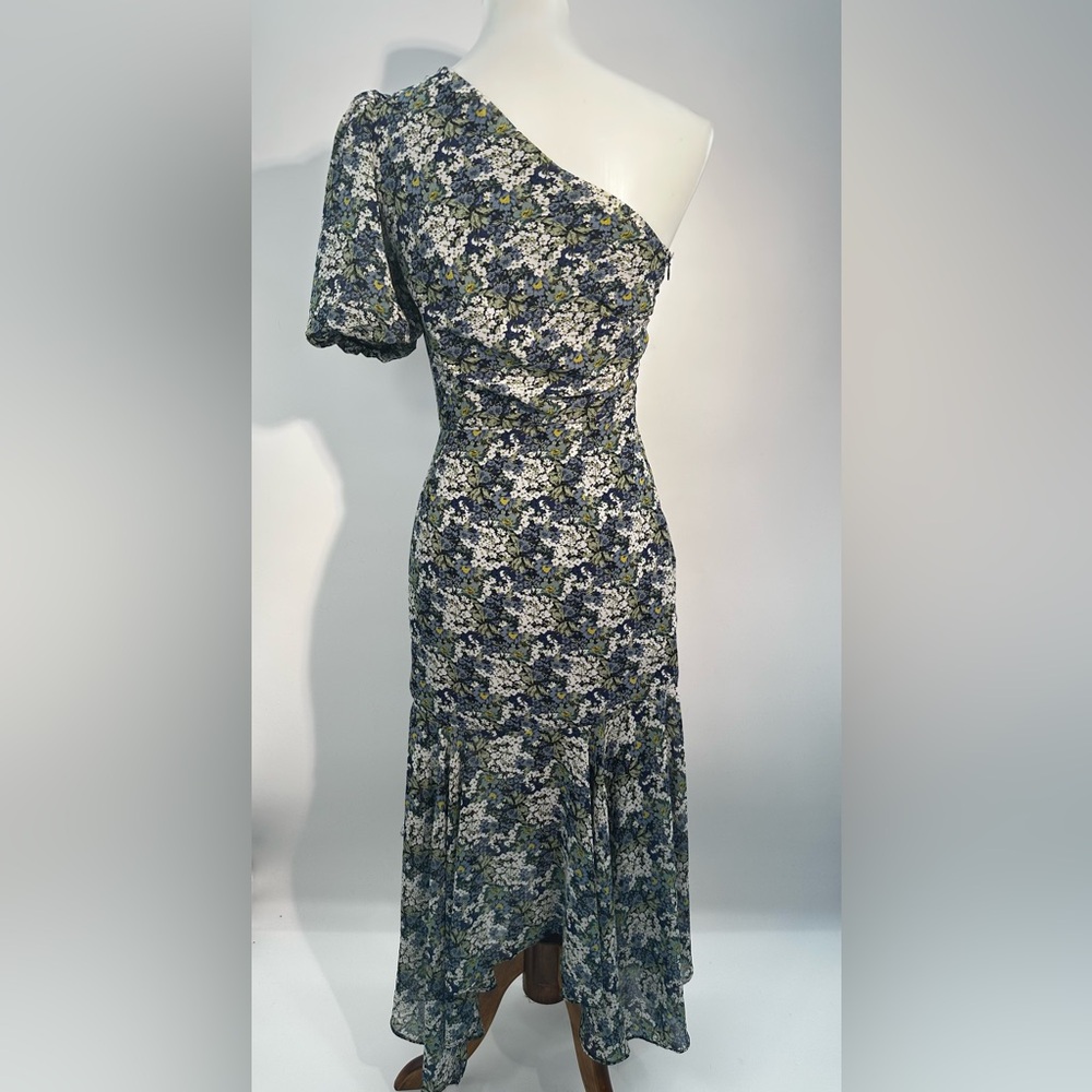 ASTR The Label Santorini XS One Shoulder Floral Midi Dress Blue Green Puff - Picture 4 of 11
